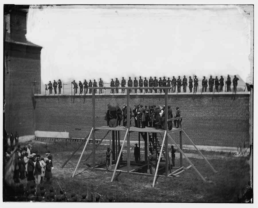 Execution of the Lincoln conspirators, Washington Arsenal (now Fort McNair), Washington, D.C., July 7, 1865. (Credit: Library of Congress)